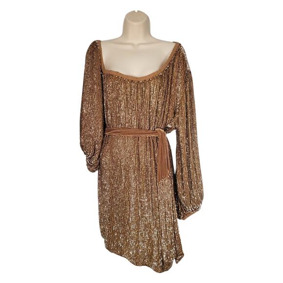 Retrofete Giselle Tie Waist Mini Dress Taupe Bronze Beaded Sequins Heavy XXL - Picture 3 of 11